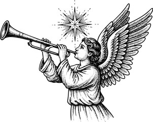Detailed angel playing trumpet, majestic wings, bright star above. Heavenly angel playing trumpet symbolizes peace, joy, divine message. Concept angel playing trumpet, perfect for holiday greetings,