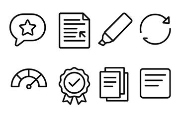 Quality Review Icons. Quality Review Elements linear set: critique bubble, annotated document, highlight marker, revision cycle, performance meter, approval badge, notes stack,