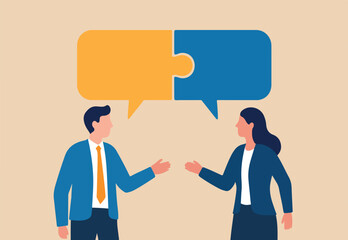 Communicate solution to solve problem, agreement, teamwork or cooperation, conversation message, meeting or discussion concept, business people communicate with connected jigsaw puzzle speech bubble.