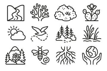 Obraz premium Ecological Care Icons. Worldwide Ecological Care linear set: river source icon, coral branch, tundra moss patch, desert bloom, cloud–sun cycle, migratory path line, thriving forest