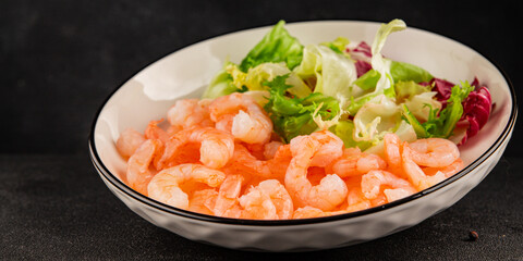 Shrimp salad seafood appetizer tasty snack fresh gourmet food background on table rustic food top view copy space pescetarian diet