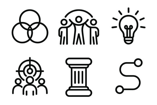 Teamwork Iconography. Team-Based Process Support Concepts linear set: cohesion ring, unity arc, clarity spark, shared purpose icon, resilience pillar, connected pathway.