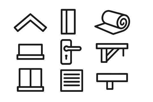Home Structure Icons. Home structure elements linear set: roof ridge, wall stud, insulation roll, floor joist, window sill, door handle, vent cover, ceiling beam.