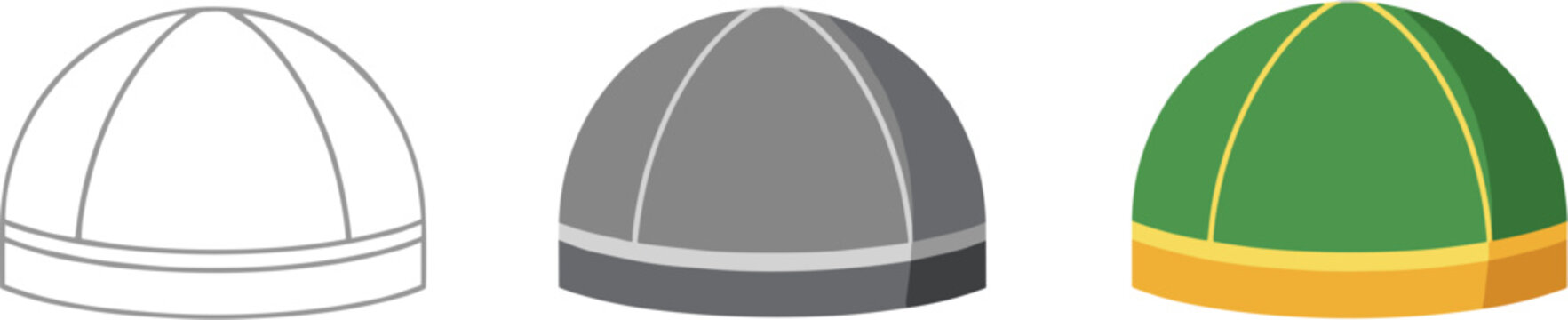 Set of three skullcaps isolated on white background the first is a line drawing, the second is gray, and the third is green and yellow