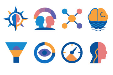 Equilibrium Icon Set. Equilibrium Thinking Modes flat set: balanced-thought compass, perspective harmony arc, mindful logic node, emotional steadiness wave, clarity filter icon,