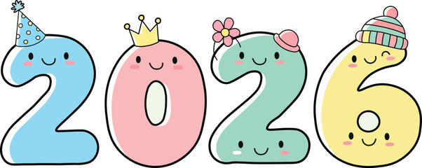Adorable cartoon numbers spelling out two thousand twentysix with cute smiling faces and festive hats representing a happy new year celebration and upcoming calendar events for charming designs