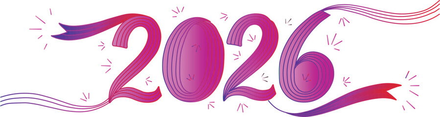 Vibrant twenty twentysix ribbon style number design featuring a stunning pink purple red gradient with festive sparkling elements ideal for new year celebrations anniversaries and future event 
