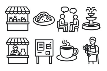 Local Market Icons. Local Gathering Moments linear set: open market stall, street food plate, conversation bench, plaza fountain, artisan booth, community notice board, café cup,