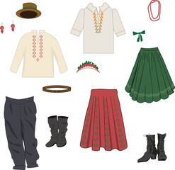 A set of traditional-style folk clothing elements, including embroidered shirts, skirts, boots, a belt, and accessories.
