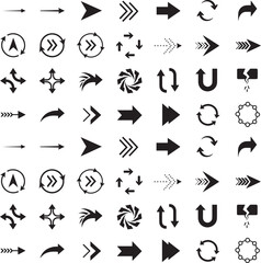 Collection of various black arrows and symbols on white background