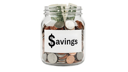Glass jar filled with assorted coins and folded dollar bills clearly labeled savings for financial concepts