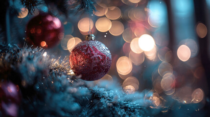 Christmas atmosphere is created by a close-up of a sparkling, glittery red bauble ornament hanging on a snowy, blue-toned pine branch. The background is a warm, soft blur of golden holiday lights.