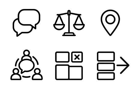 Symbolic Decision-Making Icons. Collective Judgment Tools linear set: speech bubbles, weighted scale, selection marker, deliberation circle, option tiles, final choice arrow.