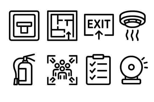 Fire Drill Icons. Fire drill training set linear set: fire alarm pull, evacuation map, exit sign, smoke detector, fire extinguisher, assembly point icon, drill checklist, alert