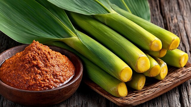 Close up of Tuberose stalks and a wooden bowl filled with bumbu rujak sauce arrangement on a