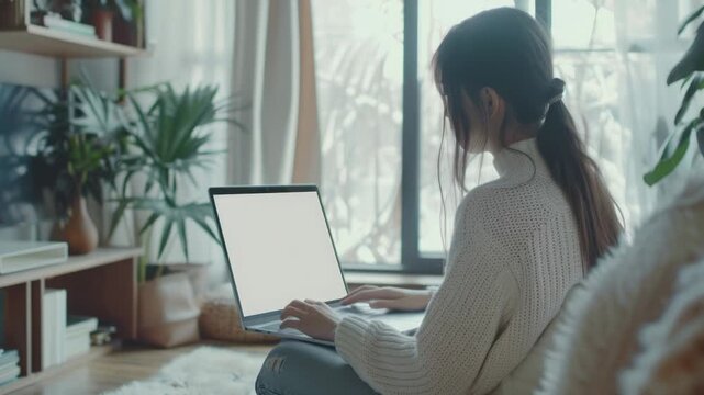 Video A woman sits on a couch with her laptop, probably doing some work or browsing