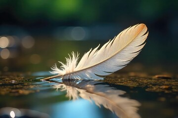 A single, delicate feather floats gently on a rippling stream, sunlight catching its intricate structure The scene evokes a sense of lightness, beauty, and ephemeral wonder , wonder, serene