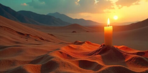A single, flickering candle casts long shadows on a deserted, sun-baked landscape, evoking a sense of intense, desolate heat and isolation , orange, abandoned