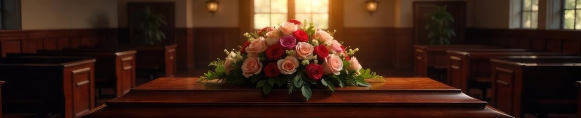Obraz premium Somber Funeral Arrangement Peaceful Candlelit Flowers on Dark Wooden Casket in Chapel