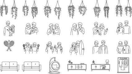 Lifestyle illustration, home decor, hanging plants, people interaction, family scene, furniture sketch, recreational activity, black line art, vector icons