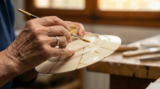 Close up of an elderly craftsman's hands meticulously applying gold powder with a brush to restore a broken ceramic plate, embodying the beautiful japanese philosophy of wabi sabi