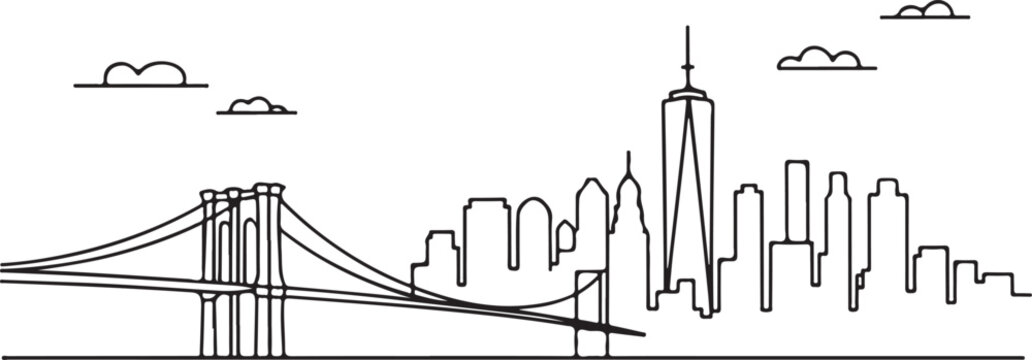 Continuous Line Art of New York Skyline from Brooklyn Side with Dumbo Bridge Framing Minimal Outline Illustration