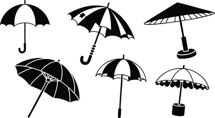 Flat design black umbrella and parasol silhouettes in varied angles including tilted side view top view and beach parasol on white background clean minimal icon set