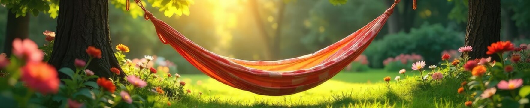 A sun-drenched hammock sways gently in a tranquil garden, surrounded by blooming flowers and lush green foliage, evoking feelings of carefree childhood relaxation , swing, idyllic, foliage