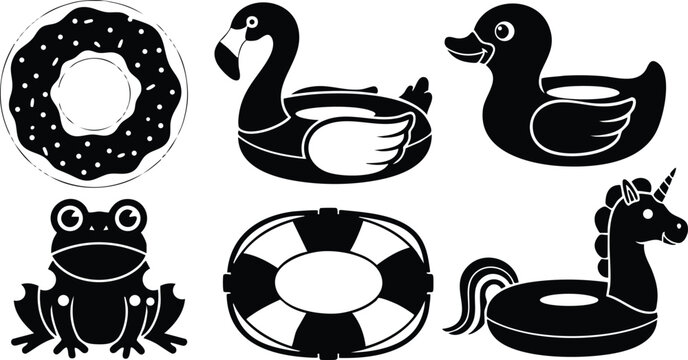 Flat design silhouette icon set of six inflatable pool floats top view including donut swan duck frog lifebuoy unicorn arranged in row simple monochrome minimalist vector
