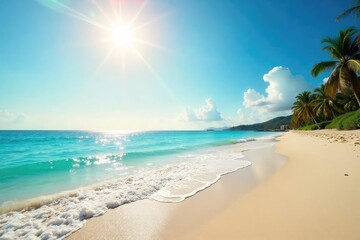 A tranquil scene of a sun-drenched beach with calm waves gently lapping the shore, promoting relaxation and stress relief Perfect for wellness, mental health, and travel themes , vacation, travel
