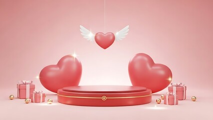 Valentine's Day display with flying heart, large hearts, gift boxes, and podium on a pink background