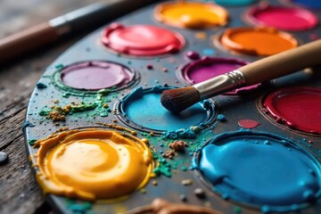 Obraz premium A vibrant artist's palette brimming with colorful oil paints, ready for the next masterpiece Brushes rest gently beside the rich hues, hinting at creative potential , masterpiece, macro