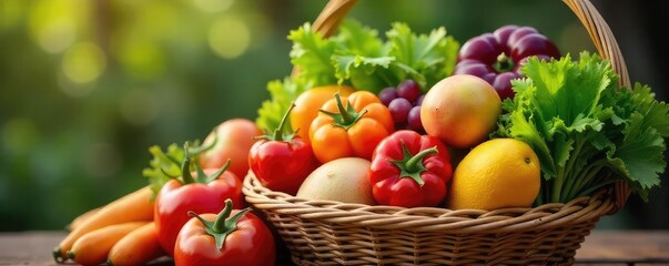 A vibrant bunch of fresh produce, including colorful fruits and vegetables, overflowing from a wicker basket  Perfect for healthy eating, farmers market, or harvest themes ,  fresh,  carrots
