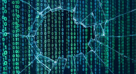 Cyber attack concept with broken screen and binary code