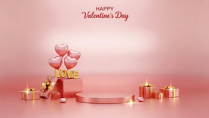 3D render of a product display podium with "LOVE" letters, heart balloons, and golden gift boxes on a gradient pink background for Valentine's Day.