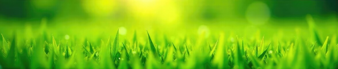 A vibrant green field bursting with new spring growth, sunlight illuminating dew-kissed blades of grass Perfect for themes of renewal, freshness, and nature's beauty , vegetation, pastoral, plant