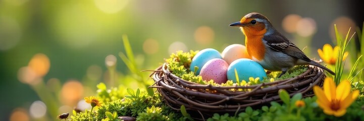 Speckled Robin Eggs in a Vibrant Nest Springtime Nature Photography, Soft Sunlight, Wildflowers, Fresh Moss, Easter Theme