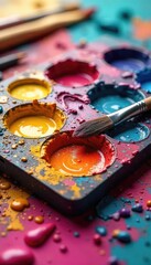 A vibrant paint palette overflowing with color, brushes scattered nearby, suggesting the energetic process of artistic creation and passionate expression , visual arts, project