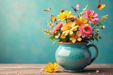 Overflowing Ceramic Pot of Vibrant Flowers, Butterflies, and Sunshine A Symbol of Joy and Contentment