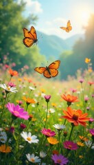Vibrant Wildflower Meadow with Graceful Butterflies Dancing in Sunlight