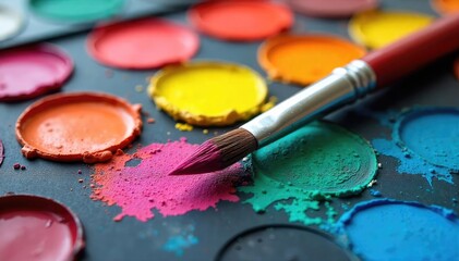A vibrant palette of artist's paint colors with a paintbrush resting on top, ready for creative expression The image showcases the tools of artistic creation , hue, artistic tools, artwork