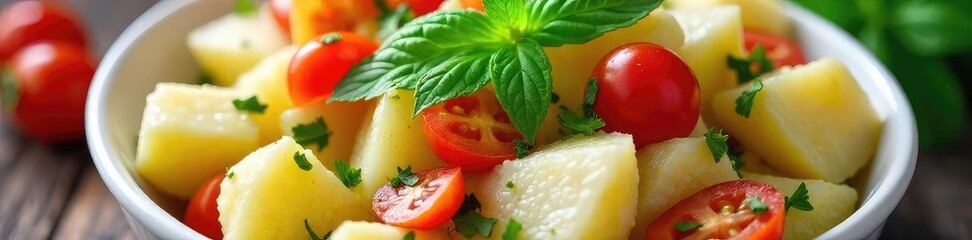 A vibrant potato salad brimming with fresh herbs and colorful vegetables, perfect for a summer picnic or barbecue Creamy dressing complements the tender potatoes , colorful, potato salad