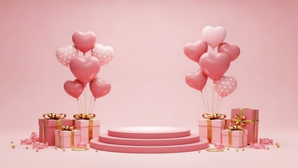 3D render of a product display podium flanked by heart balloons, pink gift boxes, and candy on a pink background for Valentine's Day.