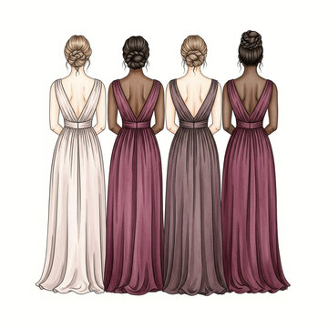 Four women, viewed from the back, showcasing formal dresses and elegant updo hairstyles.