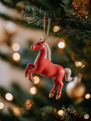 Red Horse Ornament Hanging on Christmas Tree Branch &mdash; Festive Holiday Decoration