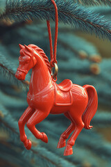 Red Horse Ornament Hanging on Christmas Tree Branch &mdash; Festive Holiday Decoration