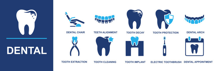 Dental icon set. Containing dental chair, teeth alignment, tooth decay, tooth protection, dental arch, tooth extraction, tooth cleaning, tooth implant, electric toothbrush, dental appointment and more