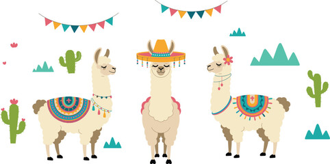 Cute llama and alpaca illustration set with decorative saddles, desert cactus landscape, festive garlands, boho style animals, Peruvian cultural vector design