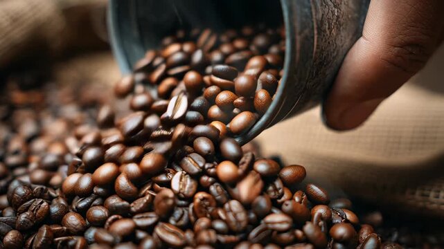 Close-up of coffee beans spilling from a tin container for brewing or roasting process