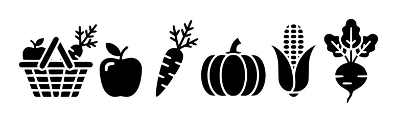 Black and white silhouette of basket apples carrot pumpkin corn beets